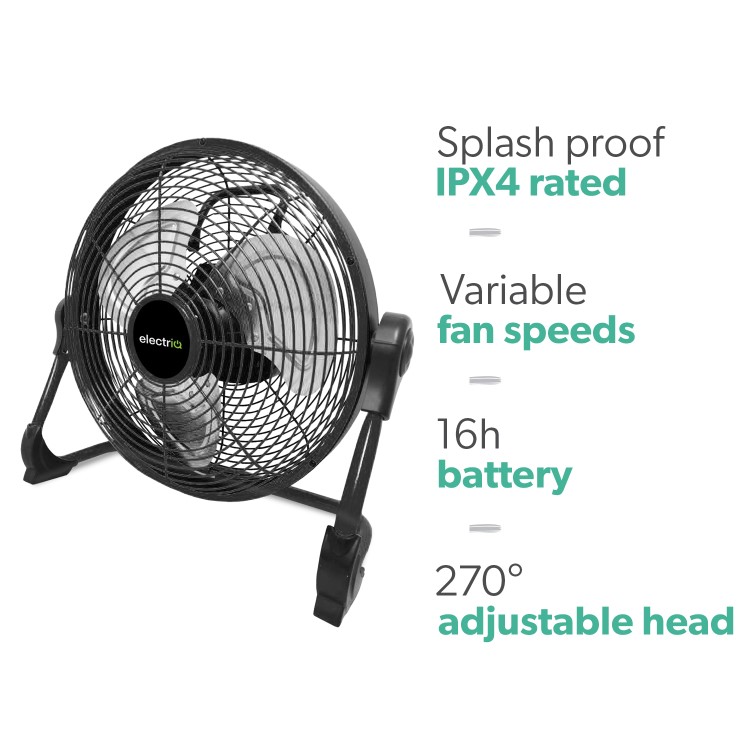 electriQ 12-inch Rechargeable Quiet DC Floor Fan - Versatile Metal Body for Indoor Outdoor and Commercial Use - Black