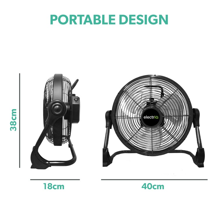 electriQ 12-inch Rechargeable Quiet DC Floor Fan - Versatile Metal Body for Indoor Outdoor and Commercial Use - Black