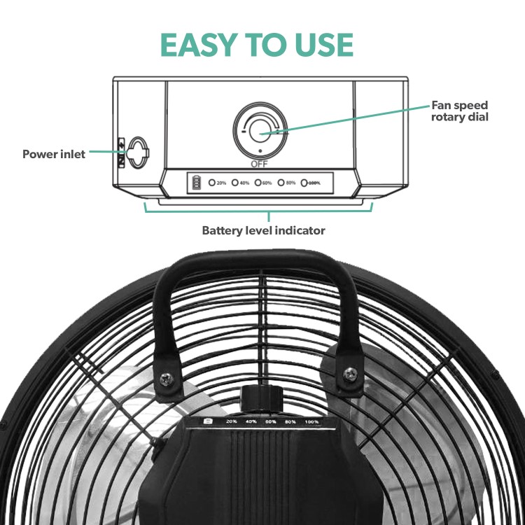 electriQ 12-inch Rechargeable Quiet DC Floor Fan - Versatile Metal Body for Indoor Outdoor and Commercial Use - Black