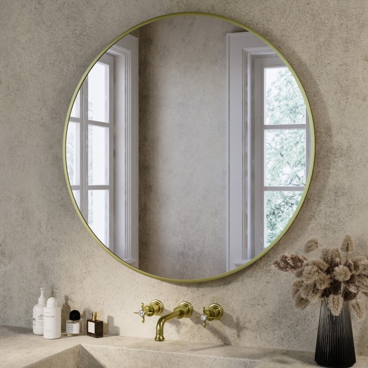 Round Brass Backlit Heated Bathroom Mirror with Lights 800mm – Orion