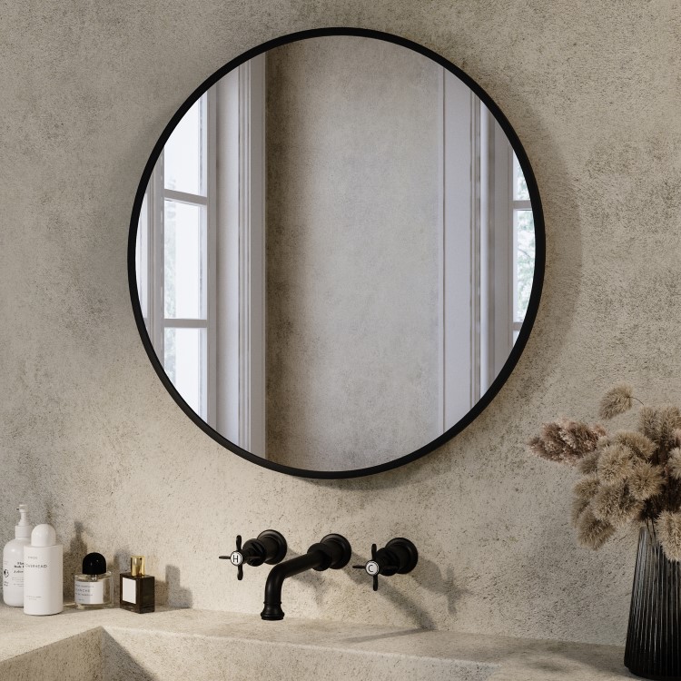 Round Black Backlit Heated Bathroom Mirror with Lights 600mm – Orion