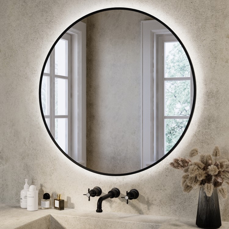 Round Black Backlit Heated Bathroom Mirror with Lights 800mm – Orion