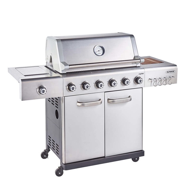 Outback Jupiter 6 Burner Hybrid BBQ Grill with Chopping Board - Stainless Steel