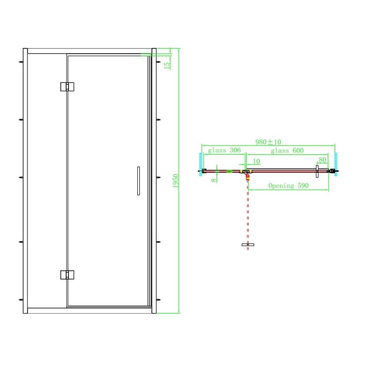 1000mm Brushed Brass Hinged Shower Door 8mm Glass - Pavo