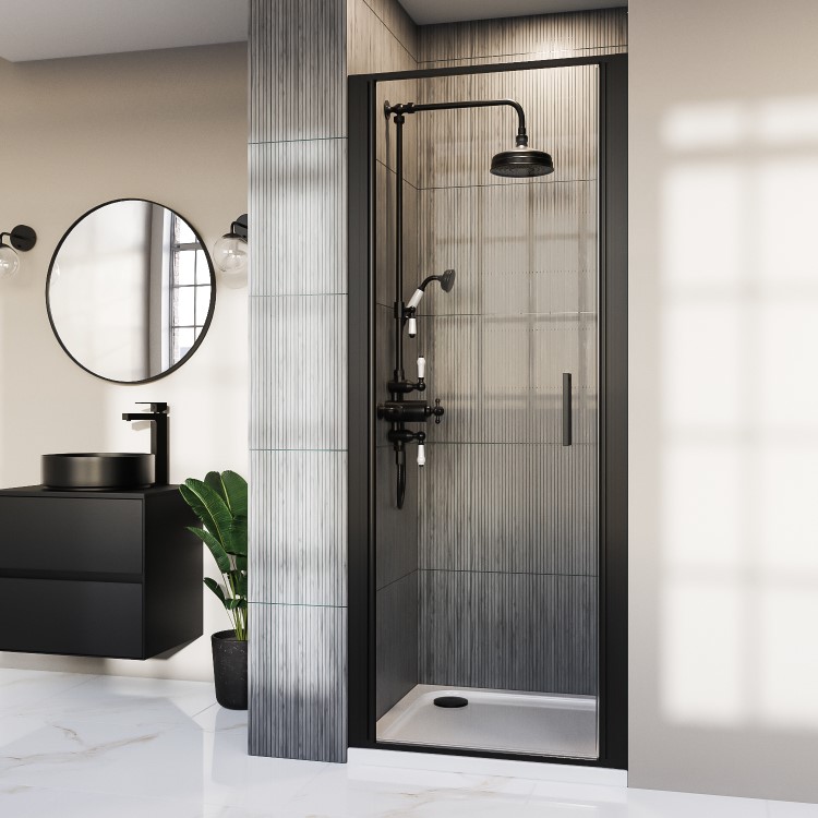 800mm Black Hinged Shower Door 8mm Glass - Pavo