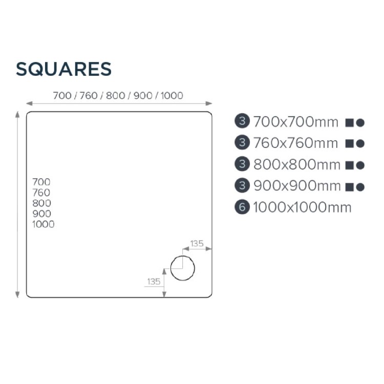 800mm Square Shower Tray - Non-Slip White Acrylic Stone Resin - Pearl