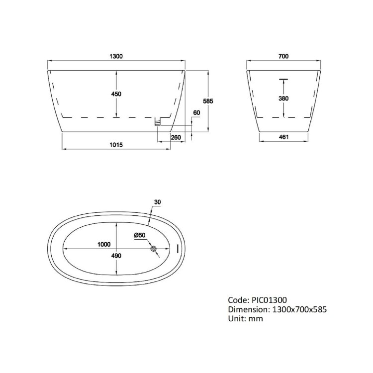 GRADE A1 - Small Freestanding Double Ended Bath 1300 x 700mm - Pico