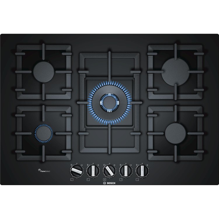 Refurbished Bosch Series 6 PPQ7A6B90 75cm 5 Burner Gas Hob Black Glass