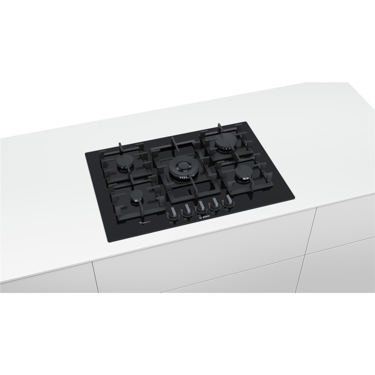 Refurbished Bosch Series 6 PPQ7A6B90 75cm 5 Burner Gas Hob Black Glass