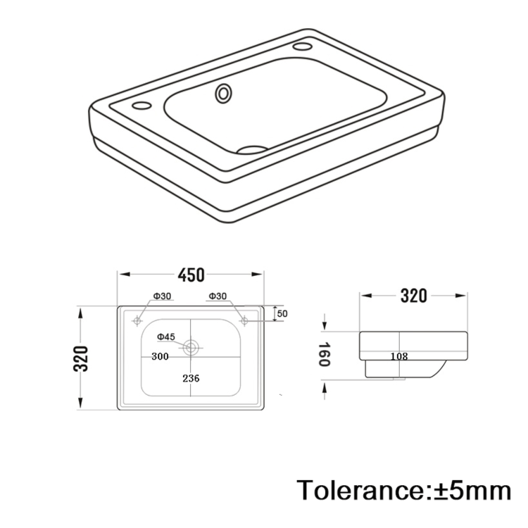 White Wall Hung Cloakroom Basin with 2 Tap Holes 450mm - Park Royal