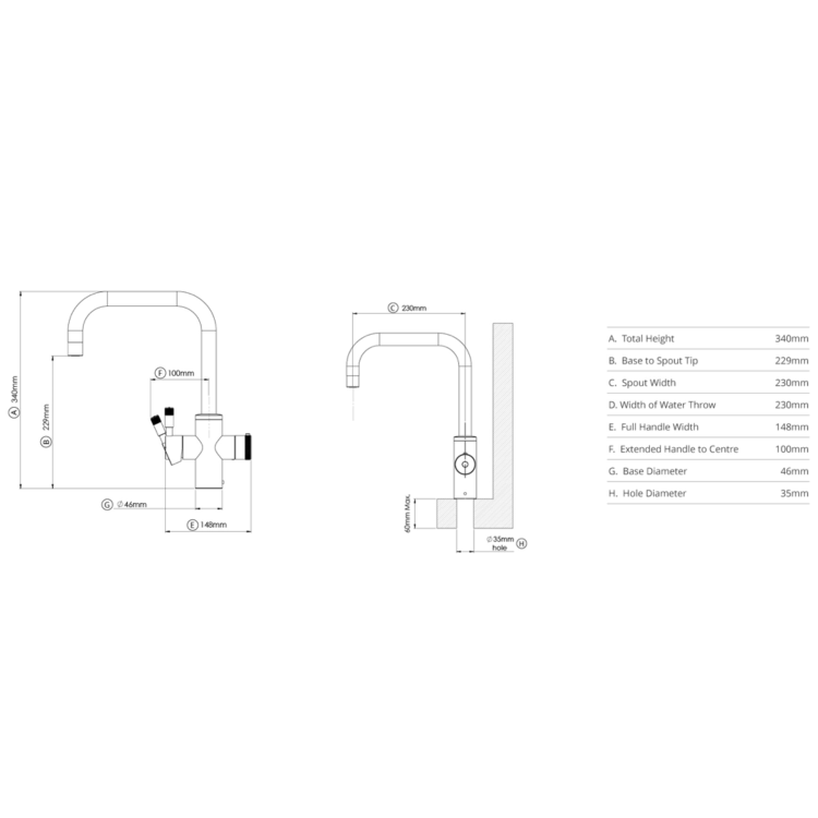 Qettle Signature Modern 4 in 1 Boiling Water Tap 2 Litre Square- Brass