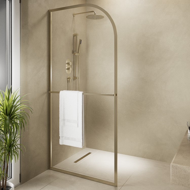 1000mm Brushed Brass Curved Glass Shower Screen for Wetroom & Walk In Shower - Raya