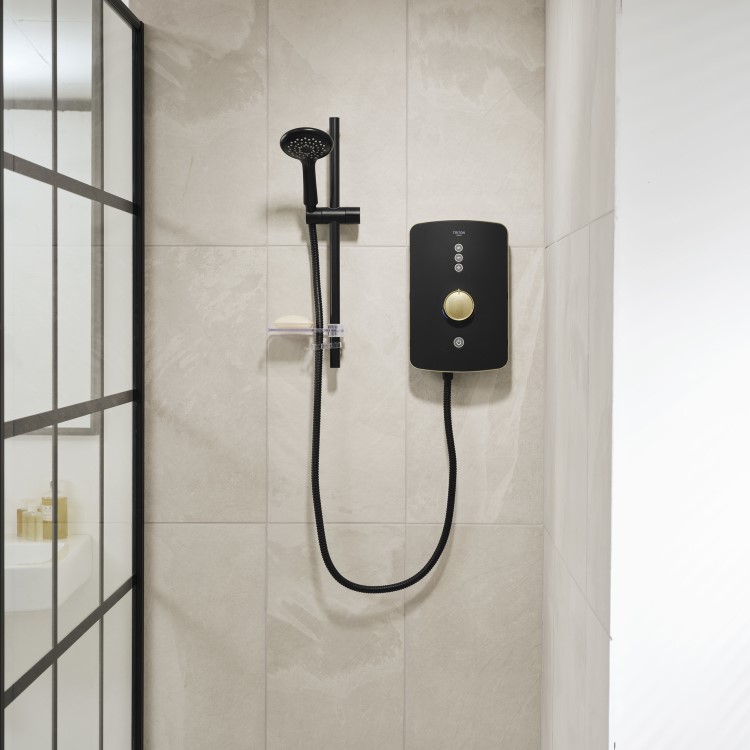 Triton Amala Metallic 8.5kW Black Electric Shower with Brushed Brass Push Button