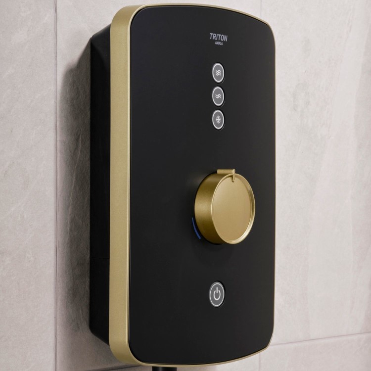 Triton Amala Metallic 8.5kW Black Electric Shower with Brushed Brass Push Button