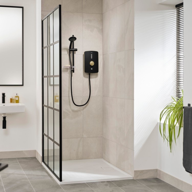 Triton Amala Metallic 8.5kW Black Electric Shower with Brushed Brass Push Button