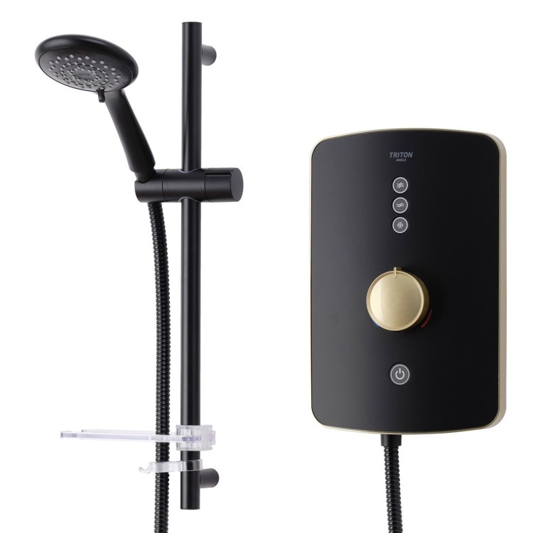 Triton Amala Metallic 9.5kW Black Electric Shower with Brushed Brass Push Button