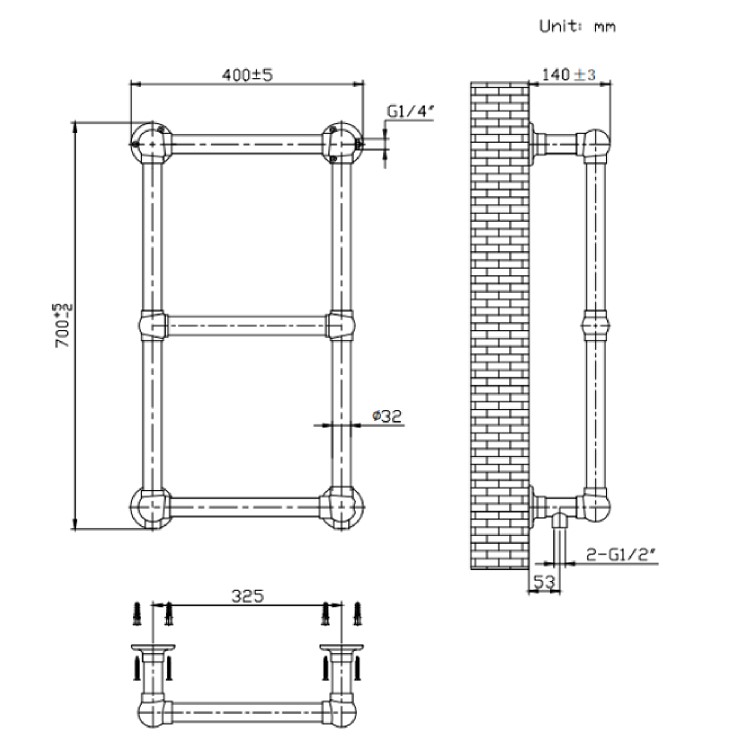 Brass Vertical Traditional Towel Radiator 700 x 400mm - Regent