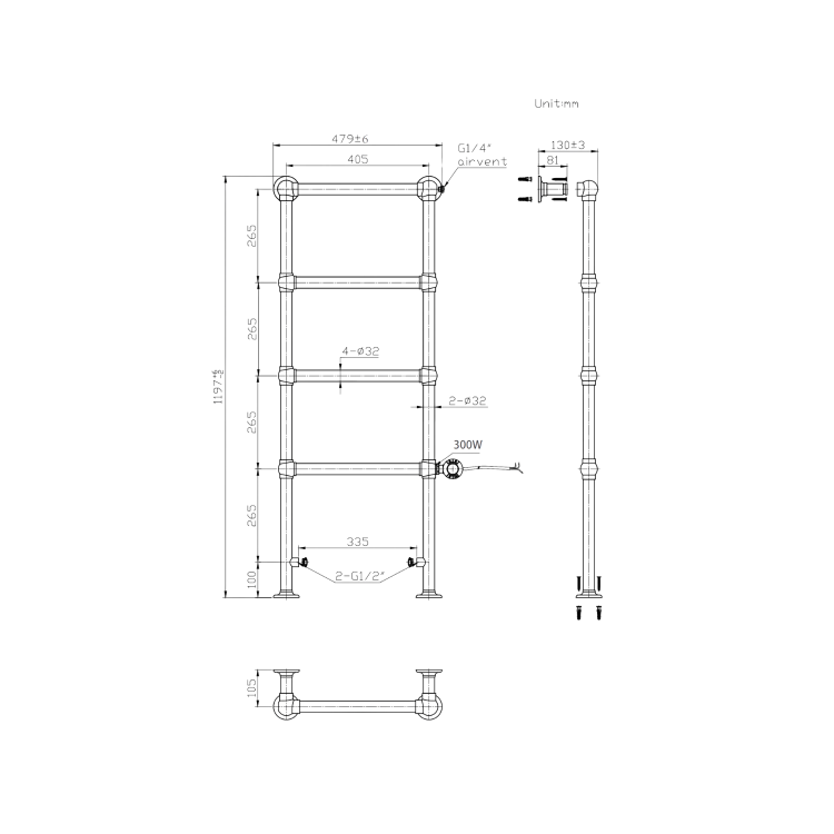 1200mm Electric Towel Rail Brushed Brass- Regent 