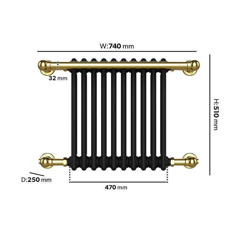 Black and Brass Traditional Column Radiator with Towel Rail 510 x 740mm - Regent