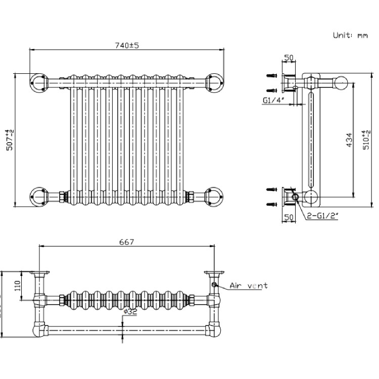 Black and Brass Traditional Column Radiator with Towel Rail 510 x 740mm - Regent