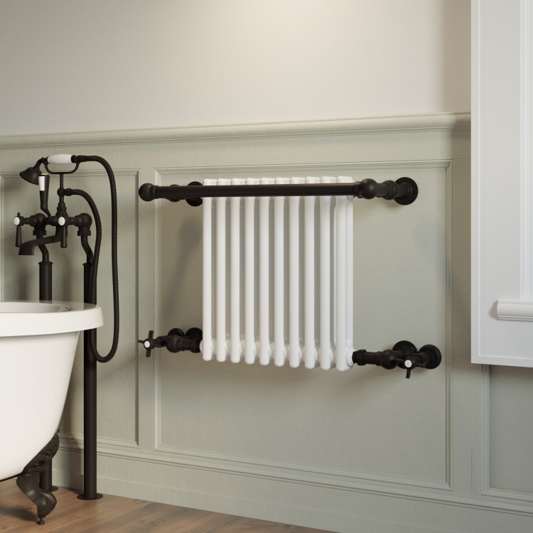 White and Black Traditional Column Radiator with Towel Rail 510 x 740mm - Regent