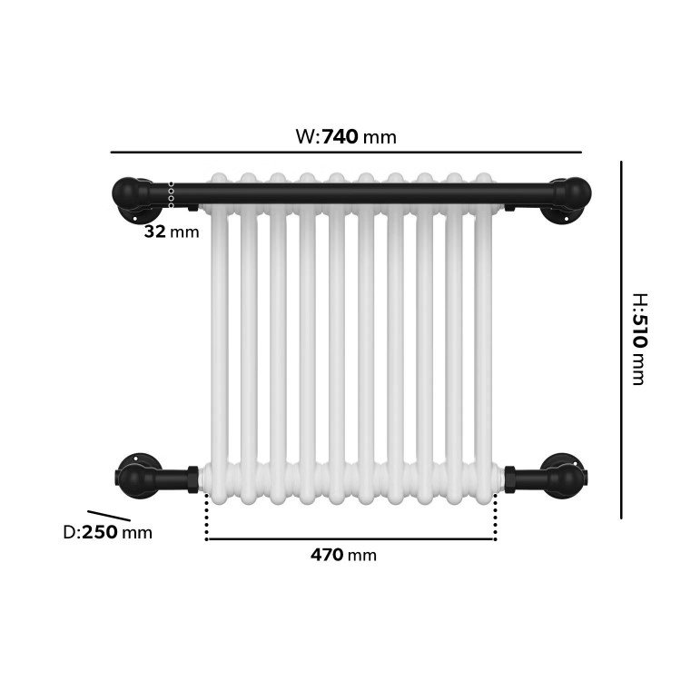 White and Black Traditional Column Radiator with Towel Rail 510 x 740mm - Regent