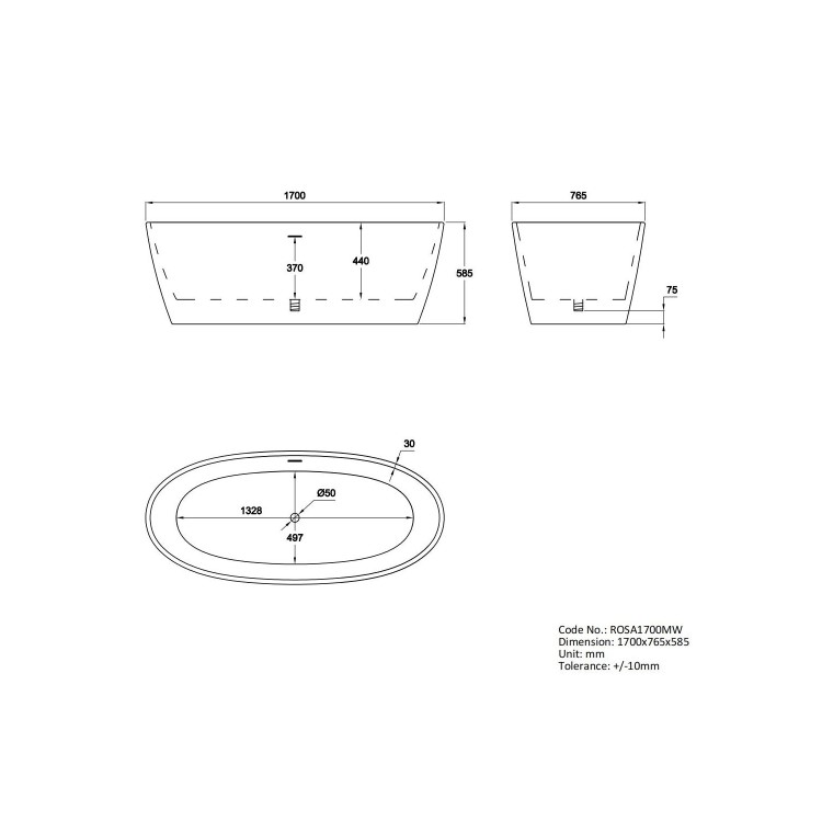 Matt White Freestanding Double Ended Bath 1700 x 760mm - Rosa