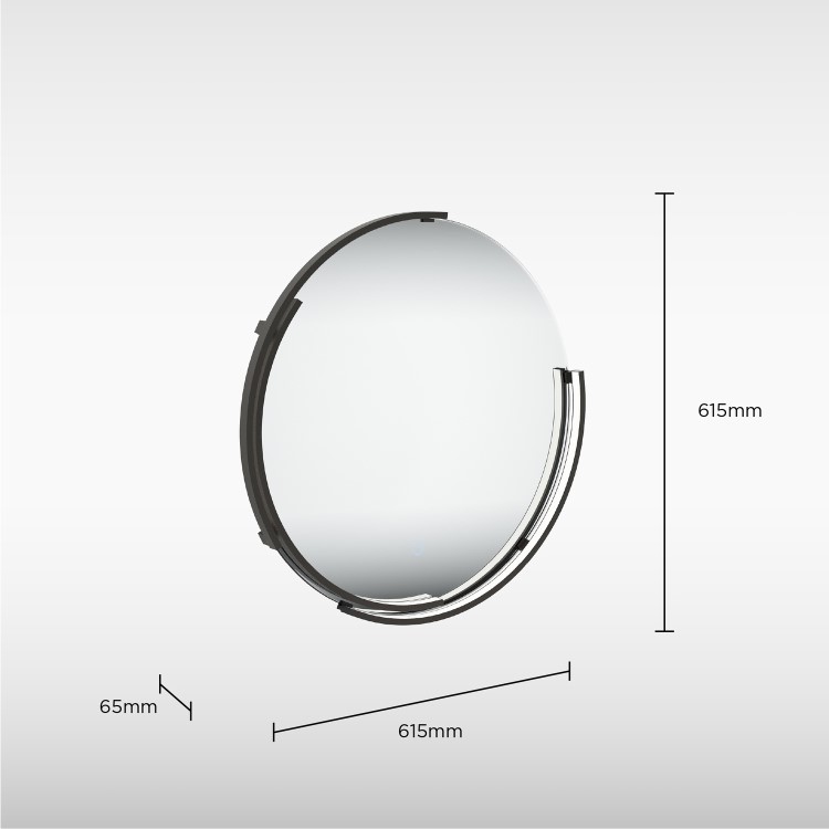 Sensio Aspect Curve Round Black Heated Bathroom Mirror with Lights - 600mm