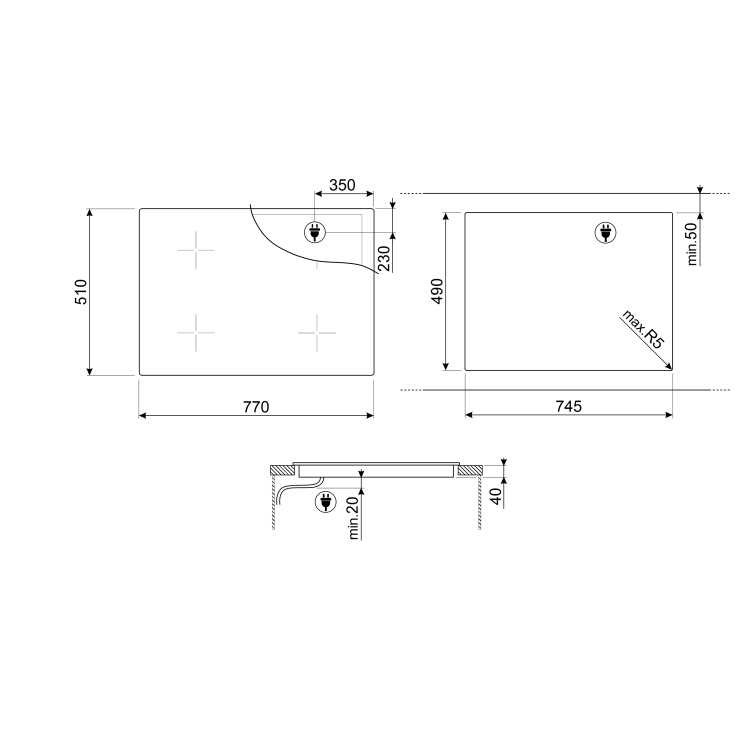 Refurbished Smeg SE484EMTD 77cm Ultra Low Profile 5 Zone Ceramic Hob