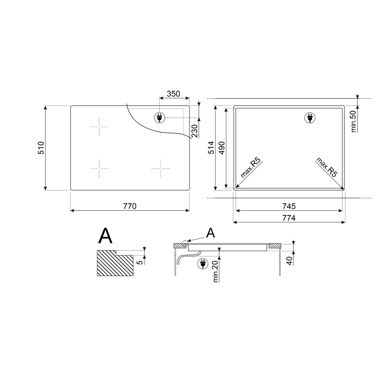 Refurbished Smeg SE484EMTD 77cm Ultra Low Profile 5 Zone Ceramic Hob