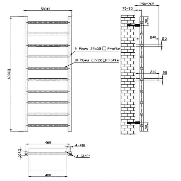 Black Towel Radiator with Shelves 1200 x 500mm - Sonoran