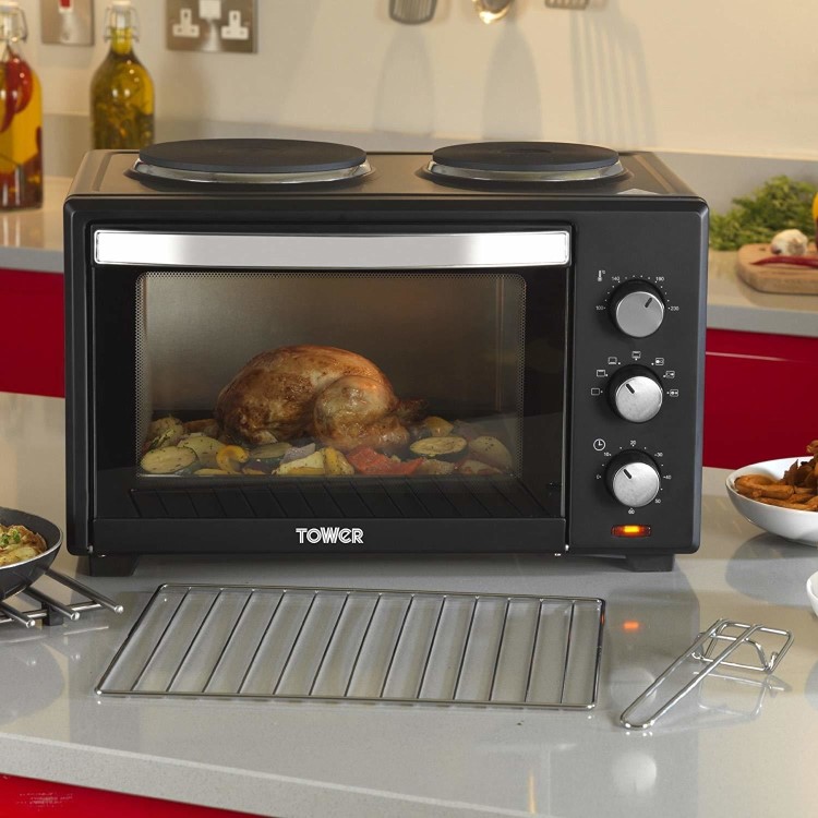 Tower T14013 28L Mini Oven with Dual Hotplates - Black