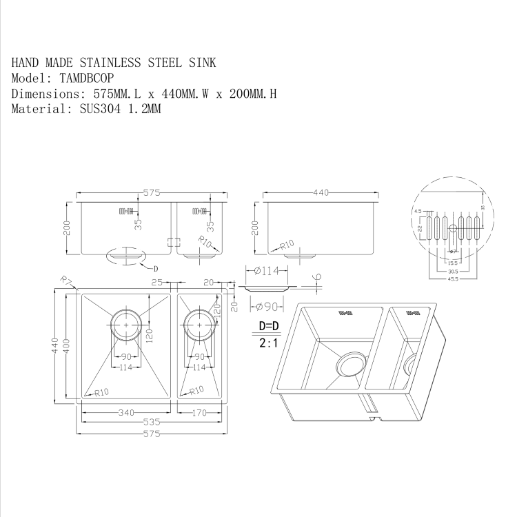 1.5 Bowl Copper Undermount Stainless Steel Kitchen Sink- Enza Tamara