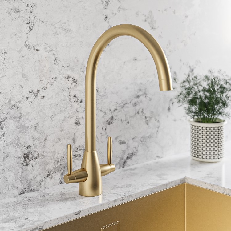 GRADE A1 - Brass Twin Lever Monobloc Kitchen Sink Mixer Tap - Enza Tamara