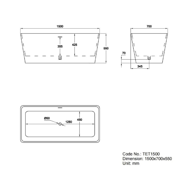 GRADE A2 - Freestanding Double Ended Bath 1500 x 700mm - Tetra