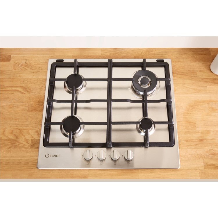 Indesit Aria 58cm 4 Burner Gas Hob with Wok Burner - Stainless Steel