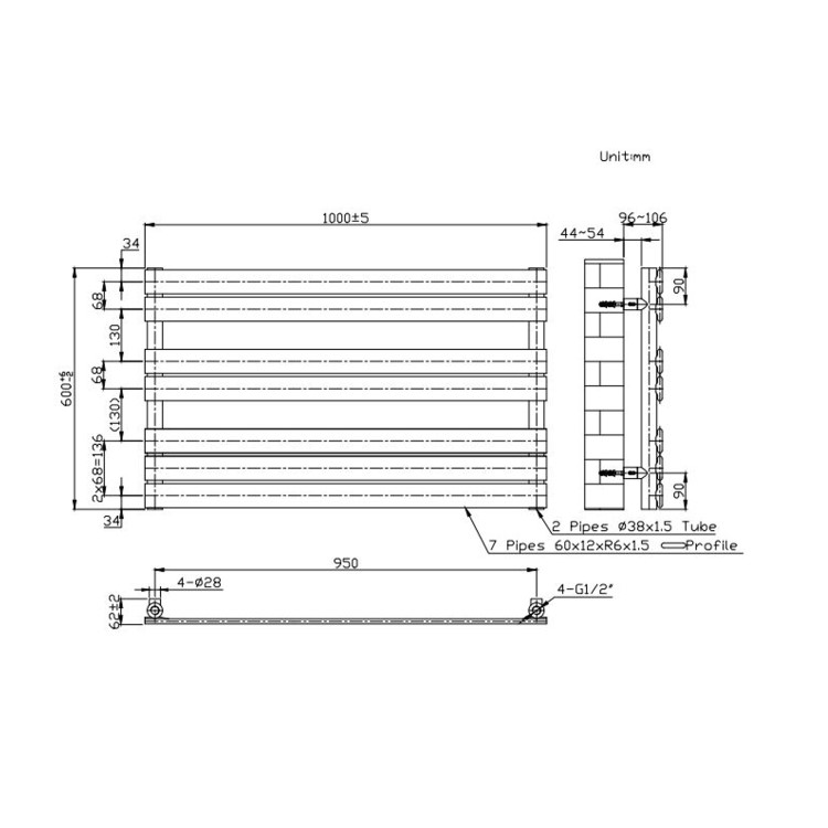 GRADE A2 - Black Heated Towel Rail Radiator 600 x 1000mm - Tundra