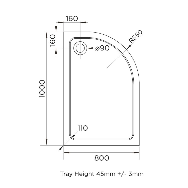 1000x800mm Right Hand Offset Quadrant Shower Tray - White Acrylic Stone Resin - Pearl