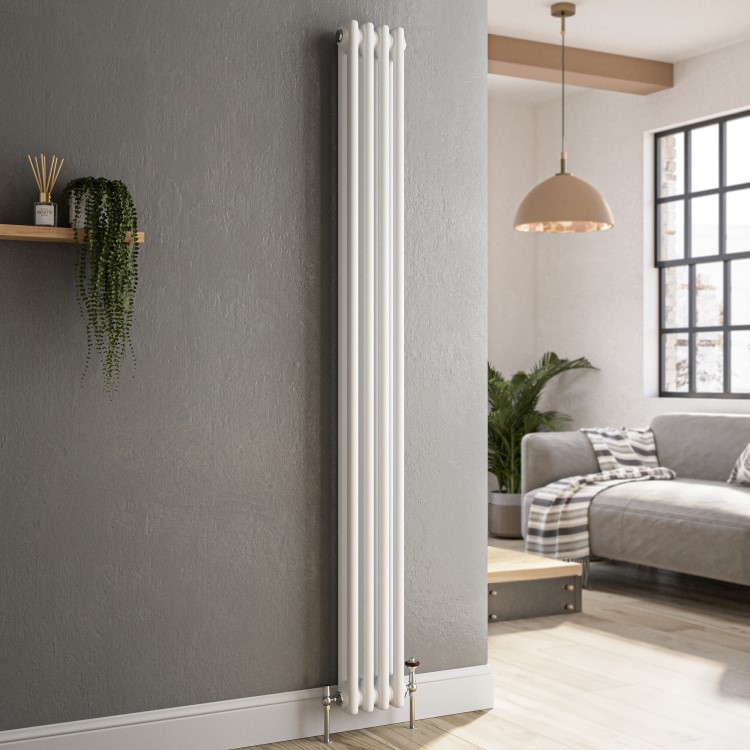 Reggio White Vertical Double Column Traditional Radiator 1800x200mm 1759 BTU - Cast Iron Style