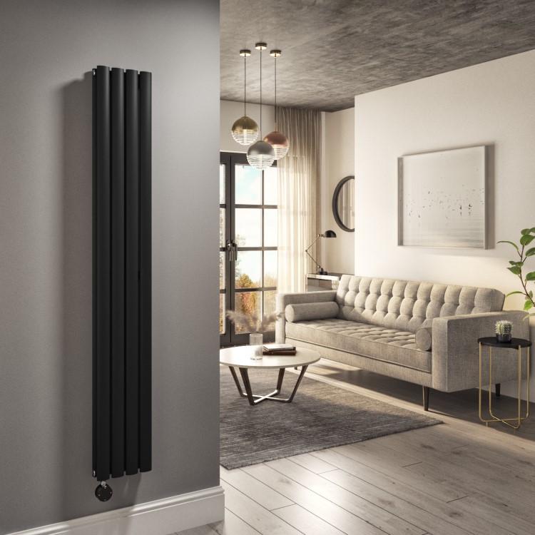 Midnight Black Electric Vertical Designer Radiator 1.2kW with Wi-Fi Thermostat - Double Panel H1600xW236mm - IPX4 Bathroom Safe