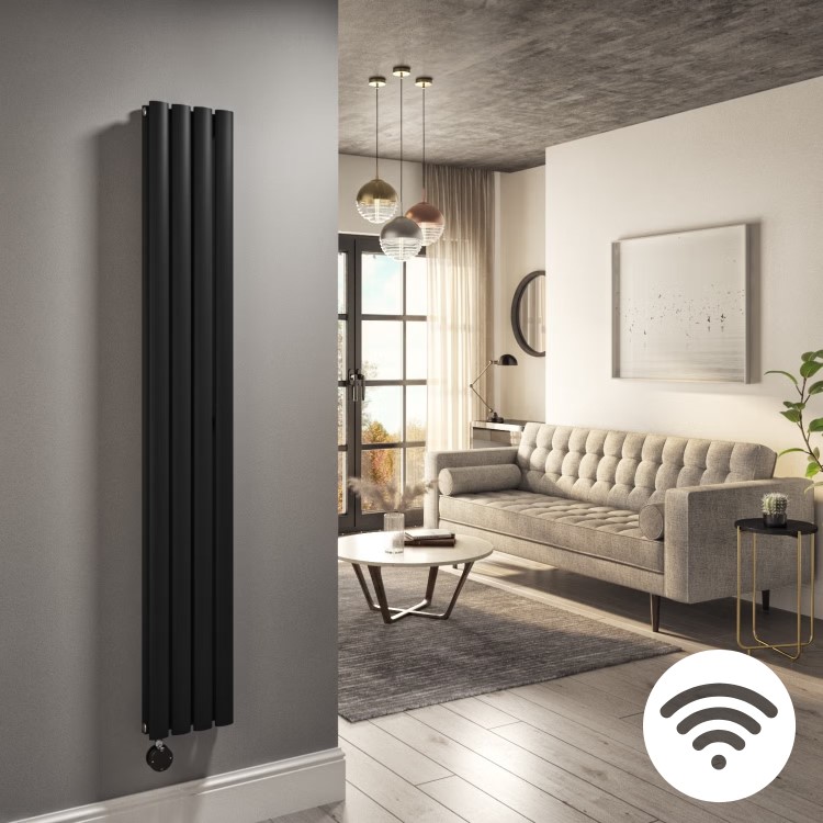 Midnight Black Electric Vertical Designer Radiator 1.2kW with Wi-Fi Thermostat - Double Panel H1600xW236mm - IPX4 Bathroom Safe