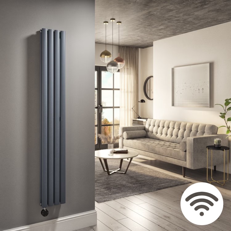 Anthracite Electric Vertical Designer Radiator 1.2kW with Wi-Fi Thermostat - Double Panel H1600xW236mm - IPX4 Bathroom Safe