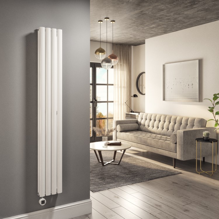 White Electric Vertical Designer Radiator 1.2kW with Wi-Fi Thermostat - Double Panel H1600xW236mm - IPX4 Bathroom Safe