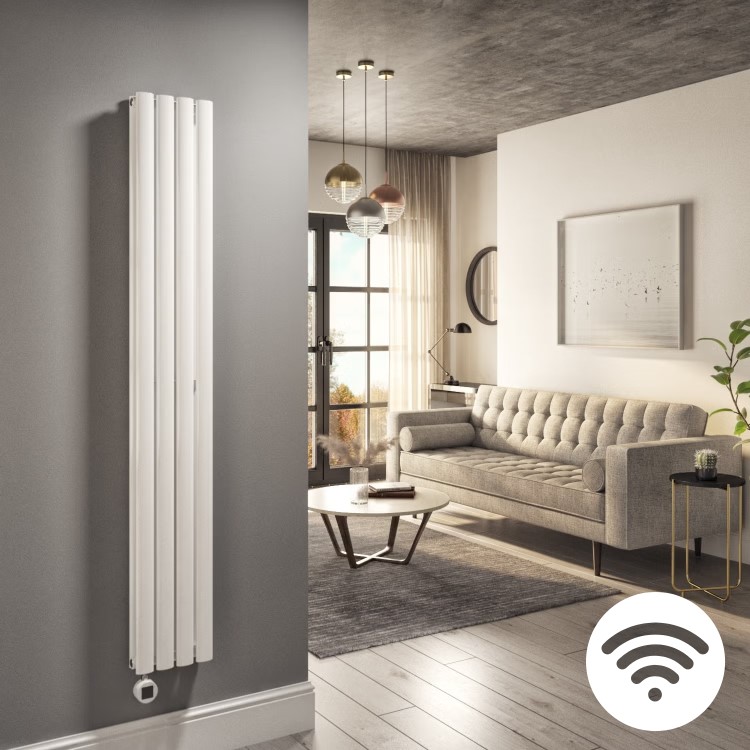 White Electric Vertical Designer Radiator 1.2kW with Wi-Fi Thermostat - Double Panel H1600xW236mm - IPX4 Bathroom Safe