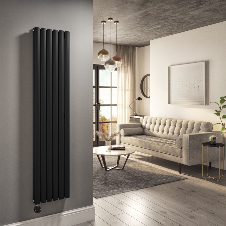 Midnight Black Electric Vertical Designer Radiator 1.2kW with Wi-Fi Thermostat - Double Panel H1600xW354mm - IPX4 Bathroom Safe