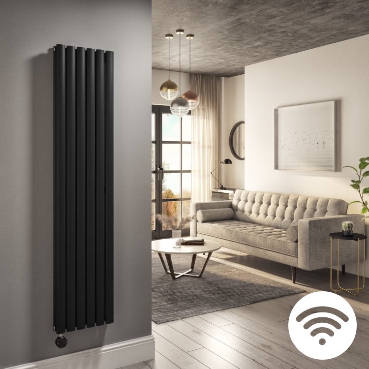 Midnight Black Electric Vertical Designer Radiator 1.2kW with Wi-Fi Thermostat - Double Panel H1600xW354mm - IPX4 Bathroom Safe