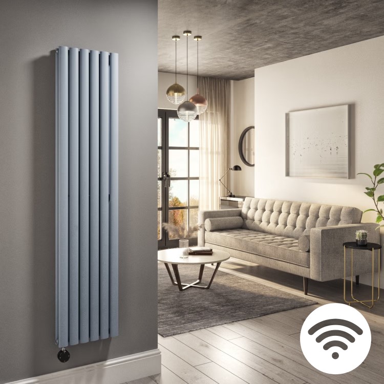 Light Grey Electric Vertical Designer Radiator 1.2kW with Wi-Fi Thermostat - Double Panel H1600xW354mm - IPX4 Bathroom Safe