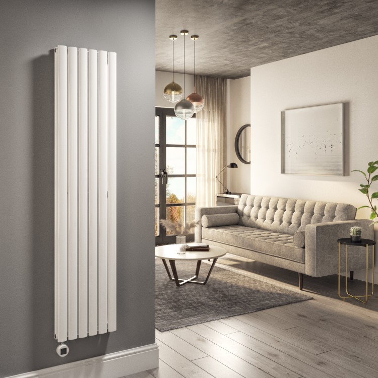 White Electric Vertical Designer Radiator 1.2kW with Wi-Fi Thermostat - Double Panel H1600xW354mm - IPX4 Bathroom Safe