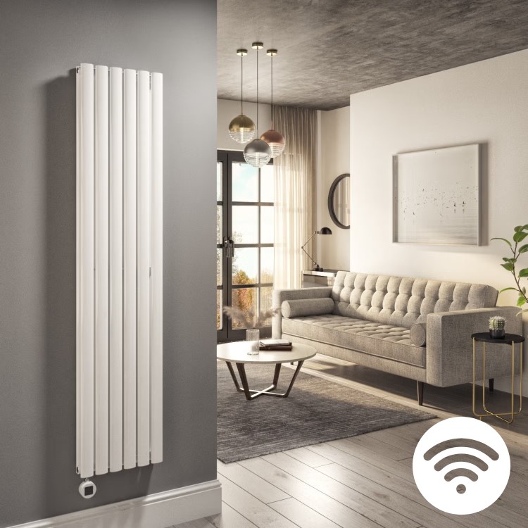 White Electric Vertical Designer Radiator 1.2kW with Wi-Fi Thermostat - Double Panel H1600xW354mm - IPX4 Bathroom Safe