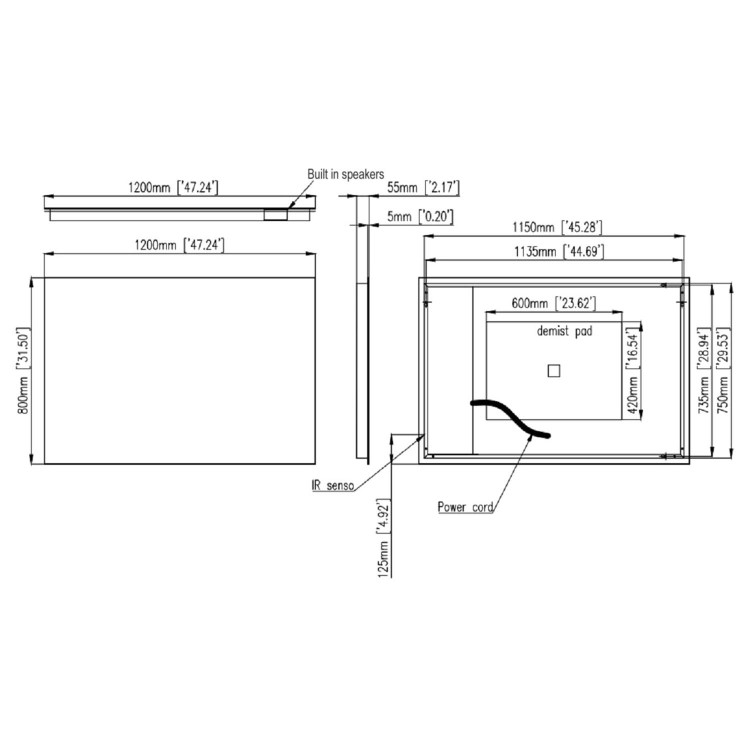 GRADE A1 - Rectangular LED Bathroom Mirror with Bluetooth & Demister 1200 x 800mm - Vela